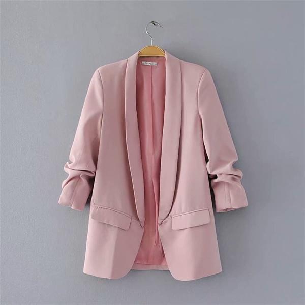 ブレザー女性スーツ春夏3四半期スリーブ薄いジャケットレジャーブレザー (Color : Pink, ...