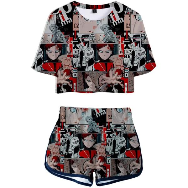 2ピースクロップトップとショーツパンツセットクラシックナルト我愛羅アニメ衣装3Dプリントカジュアルナ...