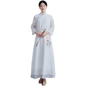 レディースドレスレトロ瞑想仏教レイドレス長袖中国風のドレス(ホワイト,XL.)(sd16607)