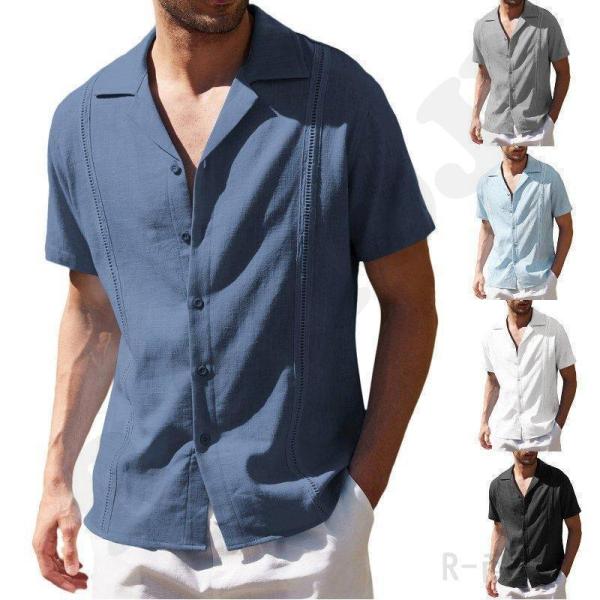 リネンシャツ 開襟シャツ メンズ 半袖 無地 涼しい オープンカラー カジュアルシャツ 男性 Vネッ...