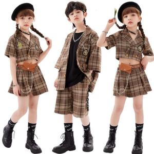 キッズダンス衣装 ヒップホップ チェック柄 茶色