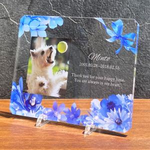 【メモリアルフォトプレート ブルーフラワー】 犬 猫 愛犬 愛猫 ペット 写真 かわいい オーダーメイド オリジナル 遺影 仏具 位牌 ペット供養 思い出｜Savoia(サボイア)ヤフー店