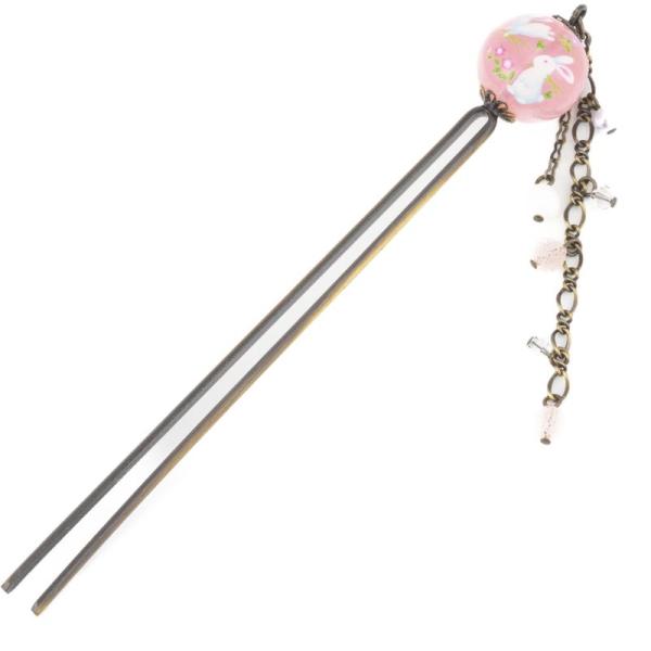 のレン かんざし (クリアビーズ - うさぎ玉/ピンク) 簪 ヘアスティック/日本製 とんぼ玉 ガラ...