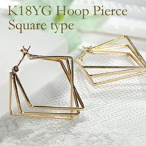 スクエア 3連 フープピアス ピアス 18k 18金 地金 YG 四角 簡単 フープ 