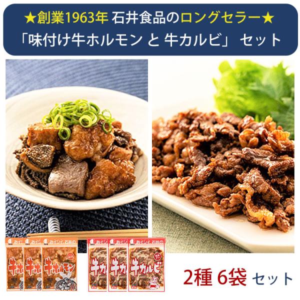 味付け牛ホルモンと牛カルビ　2種6袋 セット （牛ホルモン×3、牛カルビ（醤油だれ）×3） 創業から...