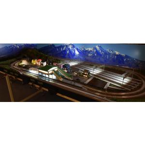 鉄道模型 ジオラマレイアウト Ｎゲージ用 複線150x65cm【豪華照明付き】橋上駅と4線ヤード(拡張レール＆Wクロスポイント電動化済み＆DCフィーダー付属)