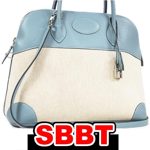 エルメス　ボリード37　シエル×ベージュ　トリヨン×トワル　S金具　□M刻印 ２色 コンビ ブルー ...