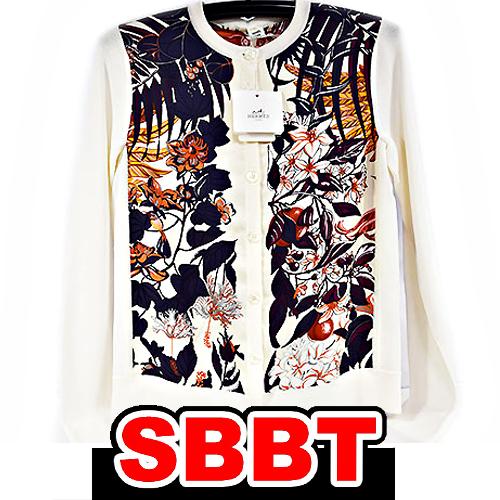 エルメス　長袖カーディガン　白　♯34　7号位　フラミンゴ　シルク×レーヨン　レディース HERME...