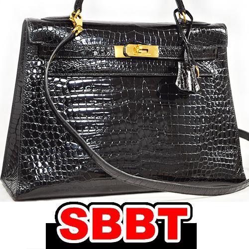 エルメス　ケリー32 外縫い　黒　クロコダイル ポロサス　G金具　〇X刻印 ケリー 32 ブラック ...