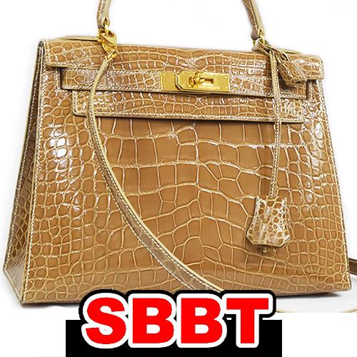 エルメス　ケリー28 外縫い　ベージュ　クロコダイル アリゲーター　G金具　〇x刻印　ケリー クロコ...
