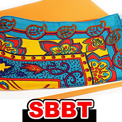 エルメス　カレジェアン 140 カシシル　馬蹄 ペイズリー リーフ　グリーンブルー×赤オレンジ 大伴...