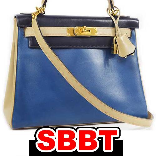 エルメス ケリー28 内縫い ブルー×ネイビー×ベージュ G金具　ボックスカーフ □G刻印 トリコロ...