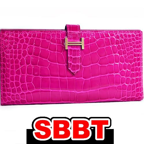 エルメス　ベアンスフレ　クロコダイル　ローズシェヘラザード　S金具　D刻印　アリゲーター 長財布 本...
