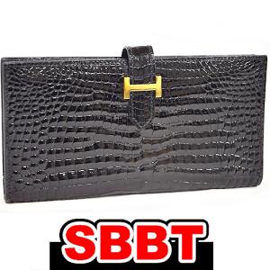 HERMES エルメス 二つ折り長財布 ベアンスフレ アリゲーター ブラック