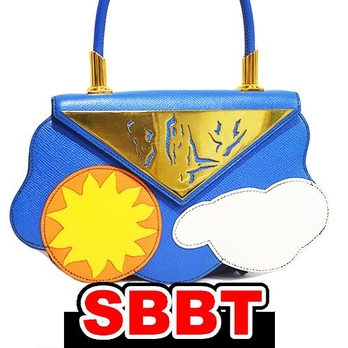 エルメス　ミニ ハンドバッグ　太陽 雲　ブルーフランス　青　クシュベル　VGC　G金具　〇X刻印　薄...