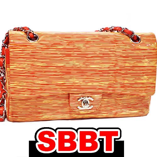 シャネル　Wフラップ チェーンショルダーバッグ　W25　パテントレザー　オレンジ×赤　ボーダー柄　S...