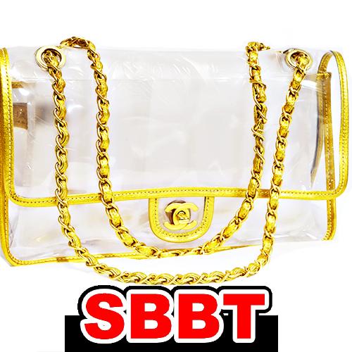 シャネル　ビニール ショルダーバッグ　クリア×ゴールド　PVC×レザー　MG金具　ダブルチェーン　M...