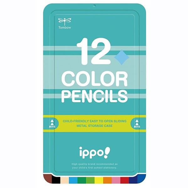 トンボ鉛筆 ippo! スライド缶入 色鉛筆 12色 プレーングリーン 名前欄付 お片づけ目印付 お...