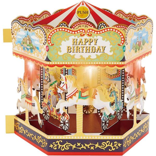 グリーティングカード 誕生日祝い ライト&amp;メロディー メリーゴーラウンド 封筒付 立体 郵送可 電池...