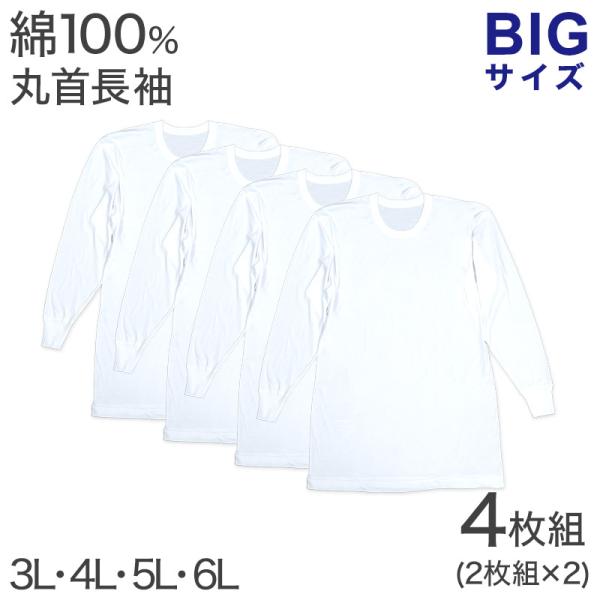 綿100％ 長袖 丸首 シャツ 4枚組 フライス 3L 4L 5L 6L メンズ 肌着 下着 アンダ...