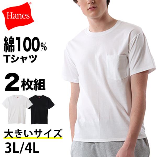 ヘインズ Tシャツ 綿100％ メンズ 2枚組 白 黒 ポケット付き ビジネス インナー スーツ カ...