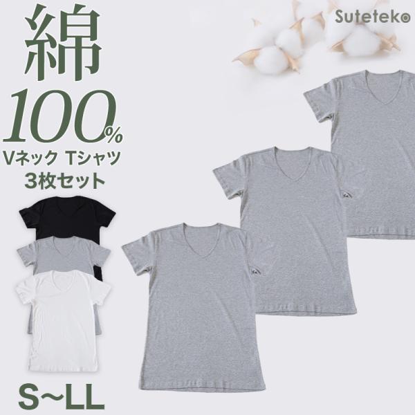 綿100％ メンズ インナー 半袖 tシャツ Vネック 3枚セット S M L LL  薄手 敏感肌...