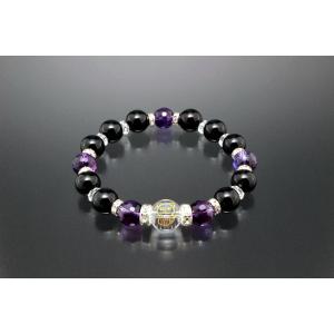 幸せ猫のブレスレット 白水晶 アメジスト オニキス パワーストーン ブレスレット メンズ レディース...