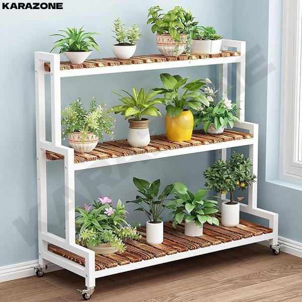 花瓶台フラワースタンド 観葉植物ラック フラワースタンド 2段 3段 花台キャスター付き 植物棚室内...