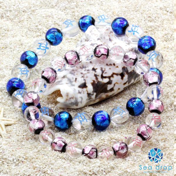 Sea drop ホタルガラス ハワイアンジュエリー ペアブレスレット ピンク ブルー ホヌ (海亀...