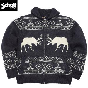 Schott ショット #46714 F2048 エルクモチーフ ジップ ボア ラインド セーター メンズ 男性 カウチン ニット トップス ジャケット シカ柄 裏地 ジッパー