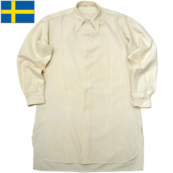 スウェーデン軍 ウールリネン 長袖シャツ ロング丈 オフホワイト デッドストック JS175NN S...
