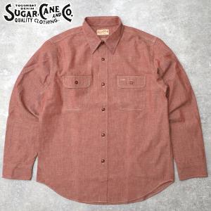 SUGARCANE シュガーケーン #SC29682  長袖 レッド シャンブレー ワークシャツメンズ 男性 トップス ロングスリーブ ワークウエア カジュアル アメカジ 赤 春 秋