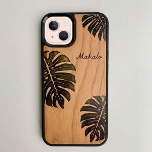iPhone 13 ウッドケースカバー ウッドパネルカバー モンステラ 木目素材 ハワイの植物 衝撃吸収 おしゃれな天然木 スマホケース アイフォン｜seashells-zakka
