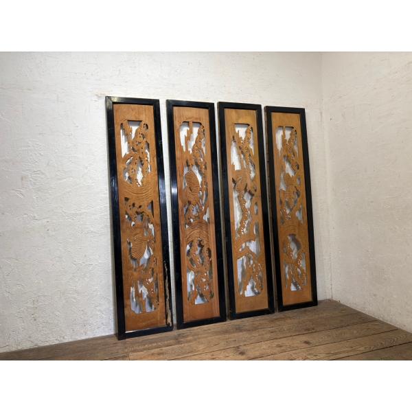 タA1814◆【H39cm×W172,5(171,6)cm】×4枚◆ 素敵な彫刻デザインの古い木製欄...