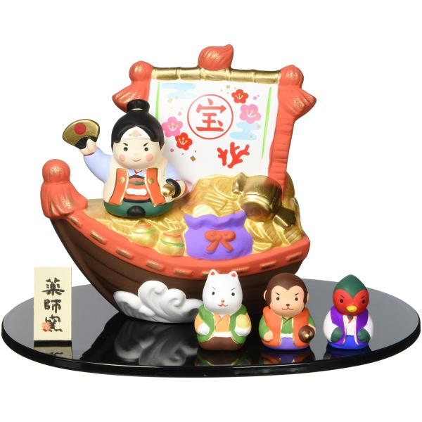 [薬師窯] 五月人形 日本製 端午の節句 ミニ コンパクト 手のひらサイズ 陶器 錦彩 宝船飾り(桃...