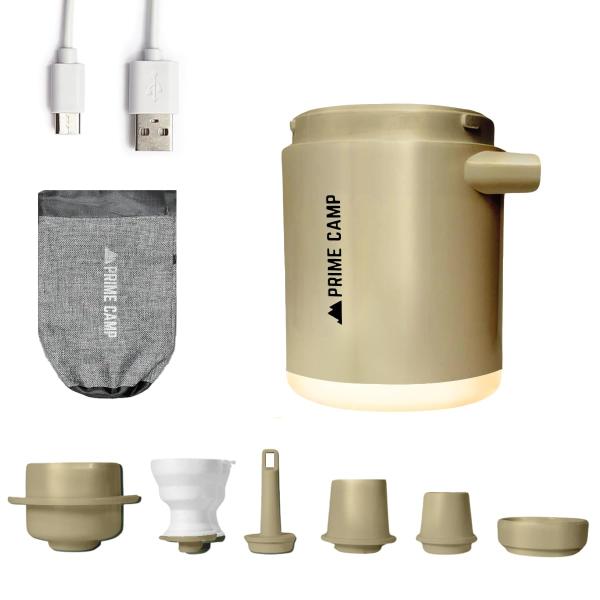 プライムキャンプ エアーポンプ 電動 空気入れ 超軽量 強力170L/分 【６つのノズル＆ライト付】...