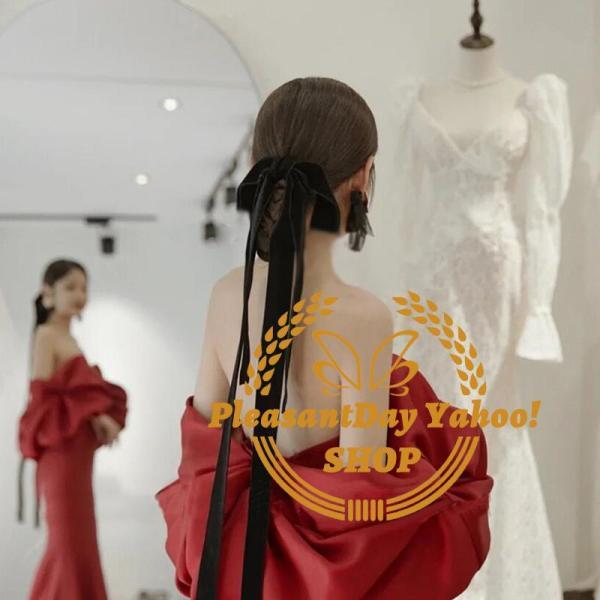 ウエディングヘッドドレス ウェディング リボンヘアピン ベルベット ブラック 花嫁 結婚式 披露宴 ...