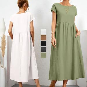 ワンピース 夏 レディース ロング 膝下 夏用 50代 ロングワンピース ワンピ リネン 涼しい 半袖 麻 綿 春 きれいめ 薄手 フレンチスリーブ 着痩せ 部屋着