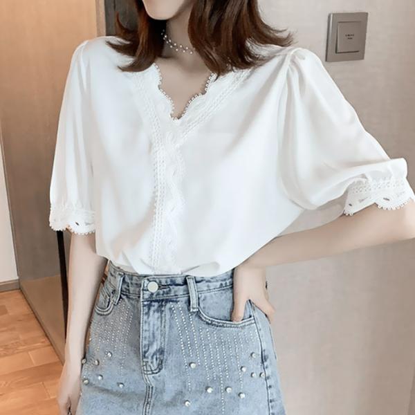 ブラウス レディース 半袖 白 おしゃれ オフィス ブラウス 安い レース 半袖tシャツ シャツ ト...