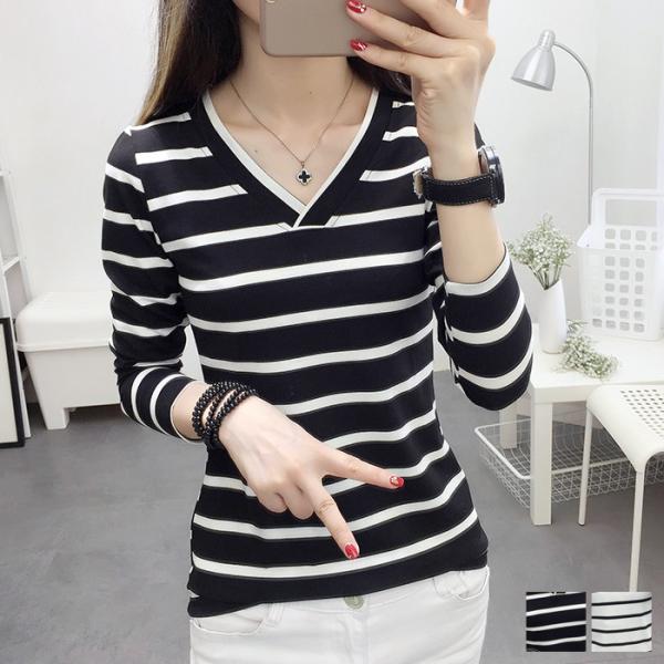 Tシャツ カットソー 長袖Tシャツ ロンT Vネック ボーダー インナー 長袖 ストレッチ 伸縮性 ...