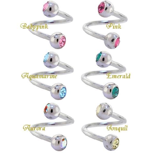 スワロフスキージェムスパイラルツイスターダブルジェムへそピアス　SWAROVSKI（ベビーピンク・ピ...