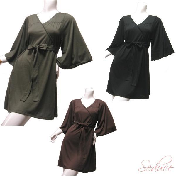 SALE ドルマンスリーブワンピース五分袖Vネック膝丈胸下切り替え上品なデザイン　（ブラック・カーキ...