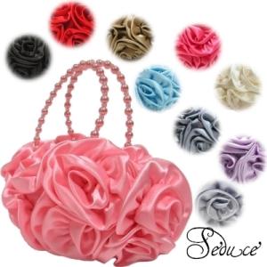 SALE パーティーバッグアクセサリーバッグサテンお花ローズコサージュキラキラビーズミニバックパーテ...