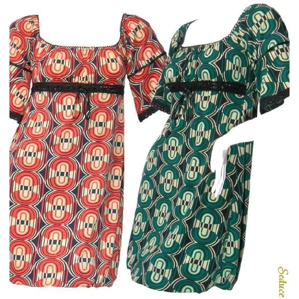 SALE ロングチュニックワンピースアラベスクレトロプリントバルーンクロシェリボンパイピング　（オレ...