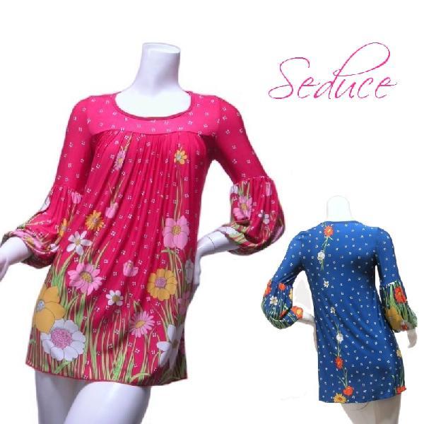 ロングチュニックワンピース　花柄プリントフラワー　フロントプリーツ　袖バルーン　五分袖　ＬＡ　ピンク...