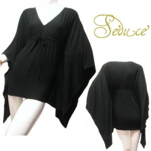 トップス　ロングトップスキモノスリーブワイドロングチュニックブラックカットソー黒Seduce