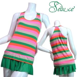 SALE ロングチュニックミニワンピース裾シフォンフリルグリーンマルチカラーボーダーアメリカンスリー...