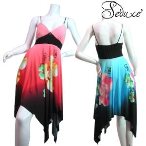 ドレスワンピースアシンメトリーヘムフレアーキャミ型グラデーションカラーフラワープリントピンクブルーＬ...