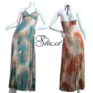 ロングドレスワンピースヒョウ柄×ペイズリー柄上品パステルカラーホルターネックマキシ丈ブルー・ブラウン...