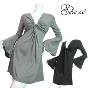 SALE ワンピースワイドフリルベルスリーブ深Ｖフレア長袖　ブラックグレーＳｅｄｕｃｅ